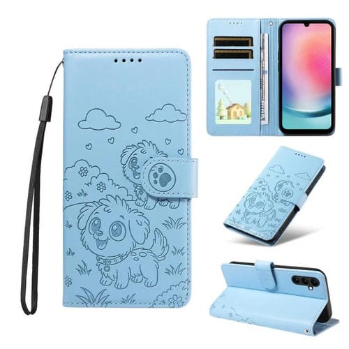 Funda de cuero con bloqueo RFID para Samsung Galaxy A24 4G, con diseño de corazón y perro en relieve (azul cielo)