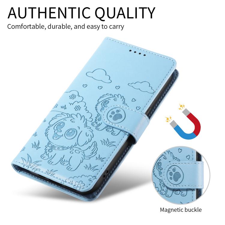 Funda de cuero con bloqueo RFID para Samsung Galaxy A24 4G, con diseño de corazón y perro en relieve (azul cielo)