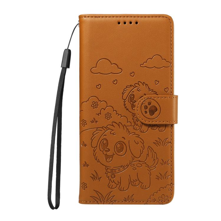 Funda de cuero tipo billetera con bloqueo RFID para Samsung Galaxy A24 4G, con diseño de corazón y perro en relieve (marrón)
