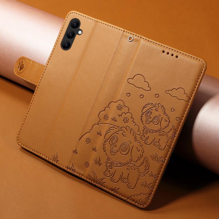 Funda de cuero tipo billetera con bloqueo RFID para Samsung Galaxy A24 4G, con diseño de corazón y perro en relieve (marrón)