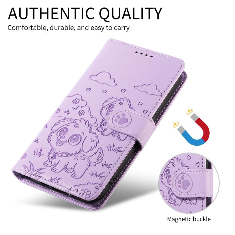 Funda de cuero con bloqueo RFID para Samsung Galaxy A25 5G, con diseño de corazón y perro en relieve (morado)