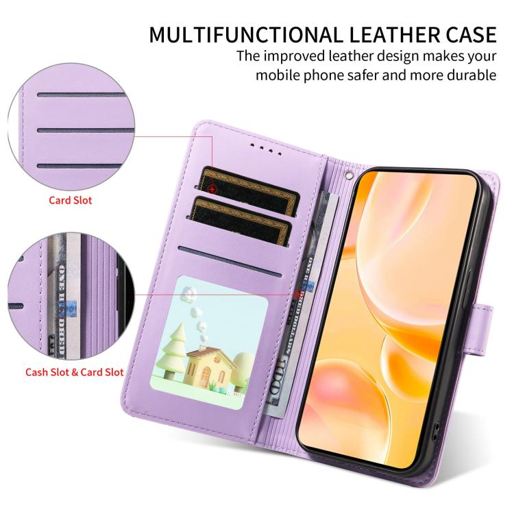 Funda de cuero con bloqueo RFID para Samsung Galaxy A25 5G, con diseño de corazón y perro en relieve (morado)