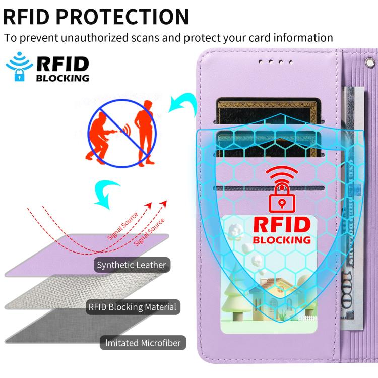 Funda de cuero con bloqueo RFID para Samsung Galaxy A25 5G, con diseño de corazón y perro en relieve (morado)