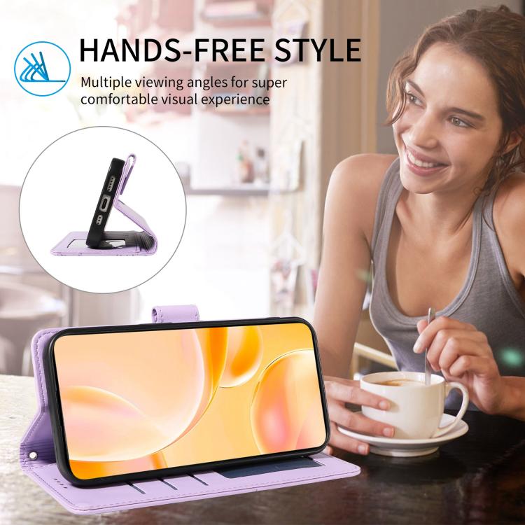 Funda de cuero con bloqueo RFID para Samsung Galaxy A25 5G, con diseño de corazón y perro en relieve (morado)
