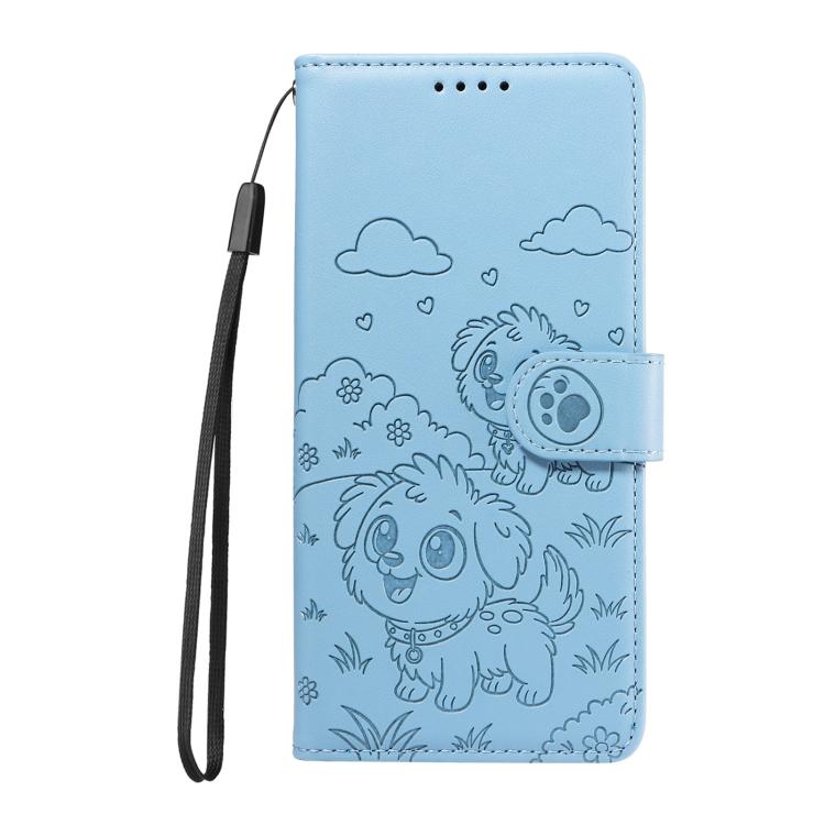 Funda de cuero con bloqueo RFID para Samsung Galaxy A25 5G, con diseño de corazón y perro en relieve (azul cielo)