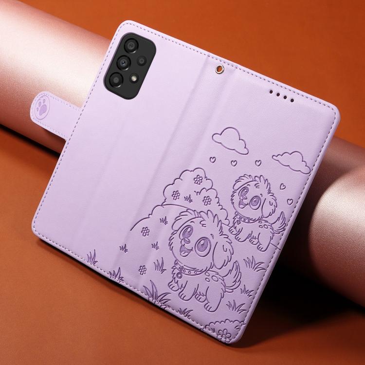 Funda de cuero tipo billetera con bloqueo RFID y diseño de corazón de perro en relieve para Samsung Galaxy A33 5G (morado)