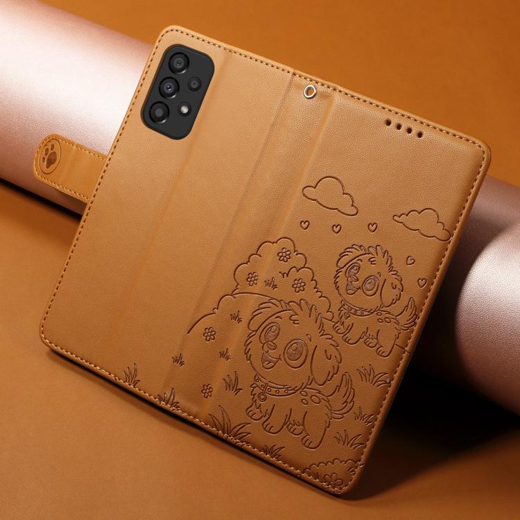 Funda de cuero tipo billetera con bloqueo RFID y diseño de corazón de perro en relieve para Samsung Galaxy A33 5G (marrón)