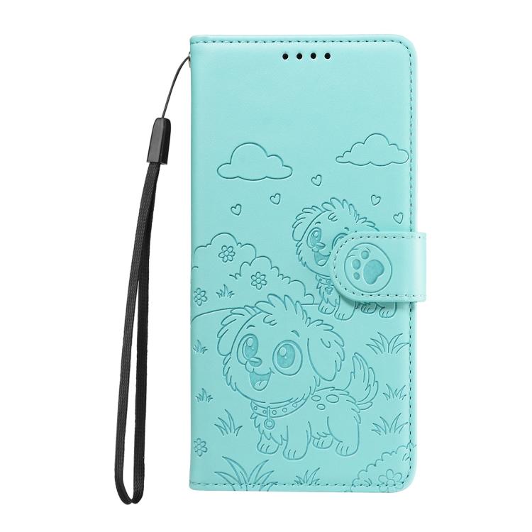 Funda de cuero con bloqueo RFID para Samsung Galaxy A34 5G, diseño de corazón con perro en relieve (verde)