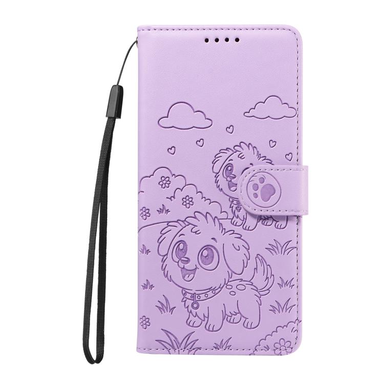 Funda de cuero tipo billetera con bloqueo RFID y diseño de corazón de perro en relieve para Samsung Galaxy A34 5G (morado)