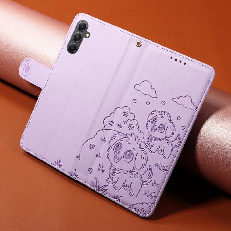 Funda de cuero tipo billetera con bloqueo RFID y diseño de corazón de perro en relieve para Samsung Galaxy A34 5G (morado)
