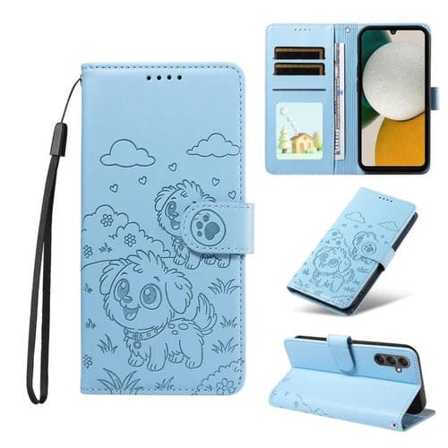 Funda de cuero con bloqueo RFID para Samsung Galaxy A34 5G, con diseño de corazón y perro en relieve (azul cielo)