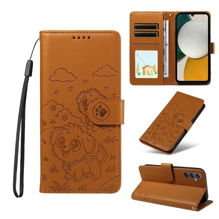 Funda de cuero con bloqueo RFID para Samsung Galaxy A34 5G, con diseño de corazón y perro en relieve (marrón)