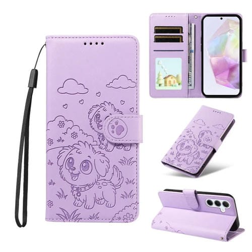 Funda de cuero tipo billetera con bloqueo RFID y diseño de corazón de perro en relieve para Samsung Galaxy A35 5G (morado)