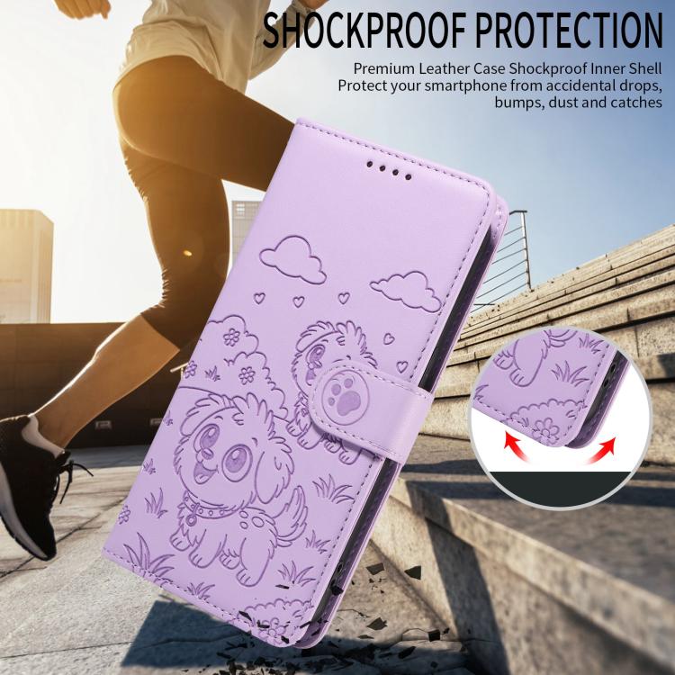 Funda de cuero tipo billetera con bloqueo RFID y diseño de corazón de perro en relieve para Samsung Galaxy A35 5G (morado)