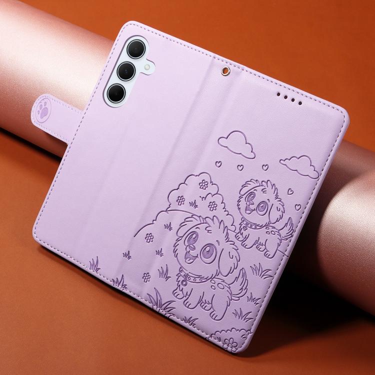 Funda de cuero tipo billetera con bloqueo RFID y diseño de corazón de perro en relieve para Samsung Galaxy A35 5G (morado)