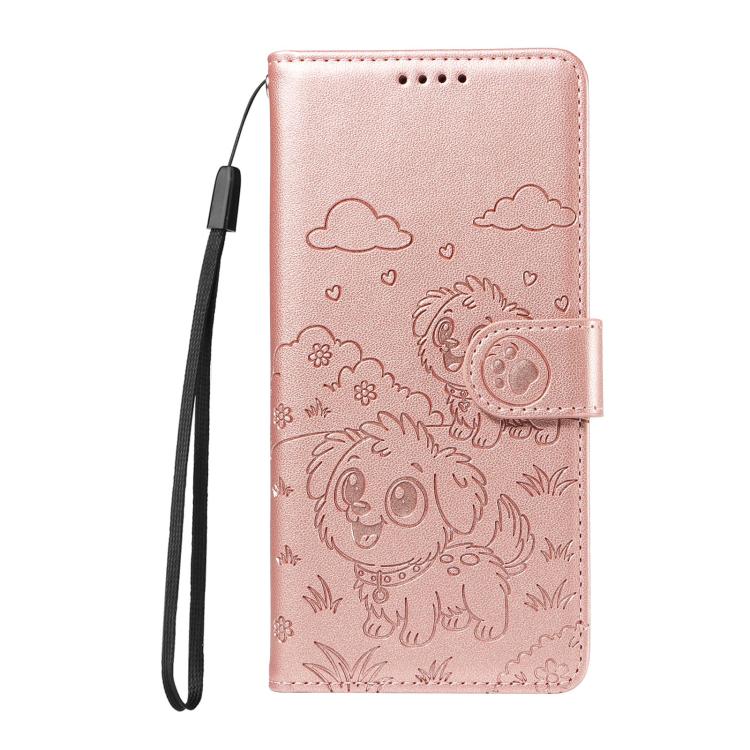 Funda de cuero tipo billetera con bloqueo RFID y diseño de corazón de perro en relieve para Samsung Galaxy A35 5G (oro rosa)