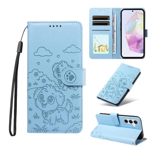 Funda de cuero tipo billetera con bloqueo RFID para Samsung Galaxy A35 5G, con diseño de corazón y perro en relieve (azul cielo)