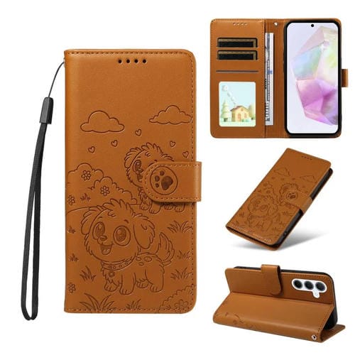 Funda de cuero tipo billetera con bloqueo RFID y diseño de corazón de perro en relieve para Samsung Galaxy A35 5G (marrón)