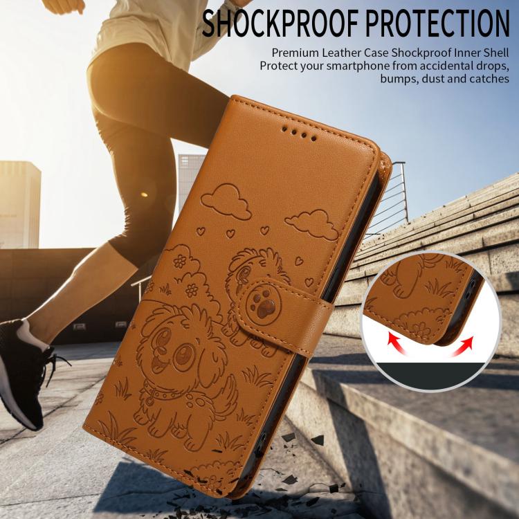 Funda de cuero tipo billetera con bloqueo RFID y diseño de corazón de perro en relieve para Samsung Galaxy A35 5G (marrón)