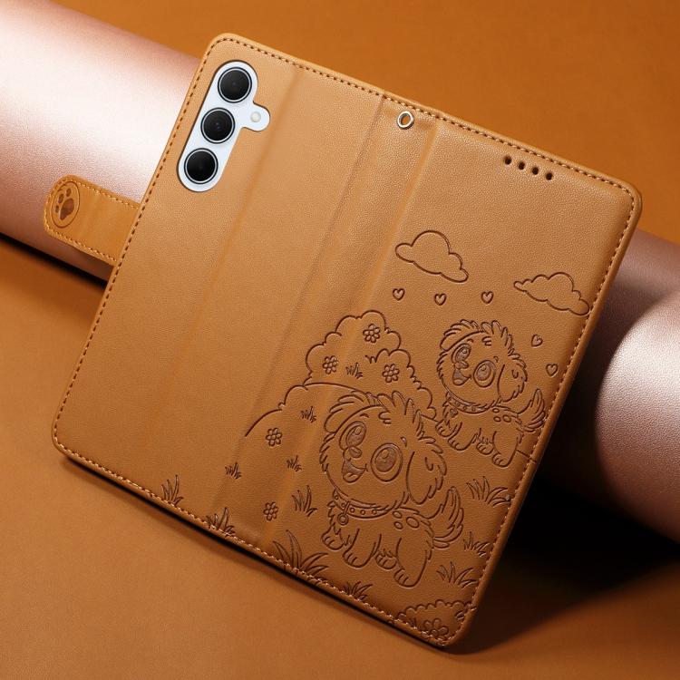 Funda de cuero tipo billetera con bloqueo RFID y diseño de corazón de perro en relieve para Samsung Galaxy A35 5G (marrón)
