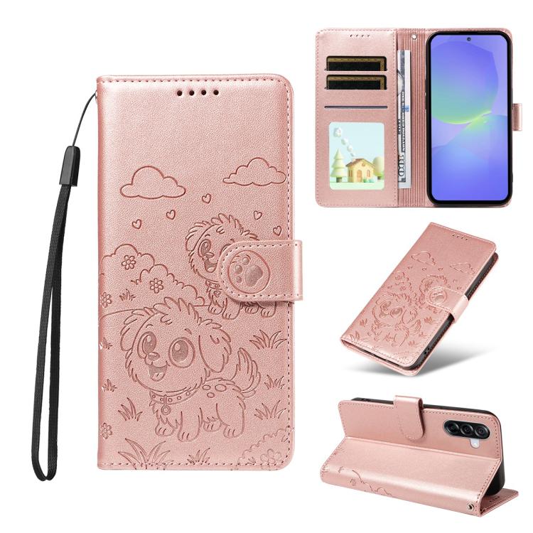 Funda de cuero tipo billetera con bloqueo RFID y diseño de corazón de perro en relieve para Samsung Galaxy A36 5G (oro rosa)