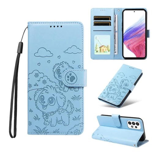 Funda de cuero con bloqueo RFID para Samsung Galaxy A53 5G, diseño de corazón con perro en relieve (azul cielo)