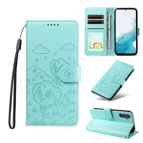 Funda de cuero con bloqueo RFID para Samsung Galaxy A54 5G, diseño de corazón con perro en relieve (verde)