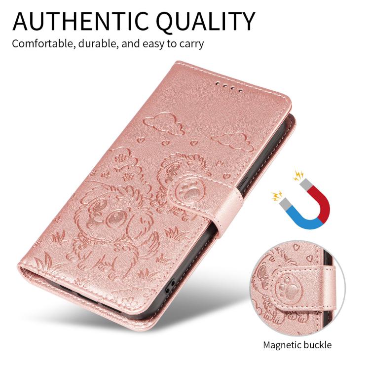 Funda de cuero tipo billetera con bloqueo RFID para Samsung Galaxy A54 5G, con diseño de corazón y perro en relieve (oro rosa)
