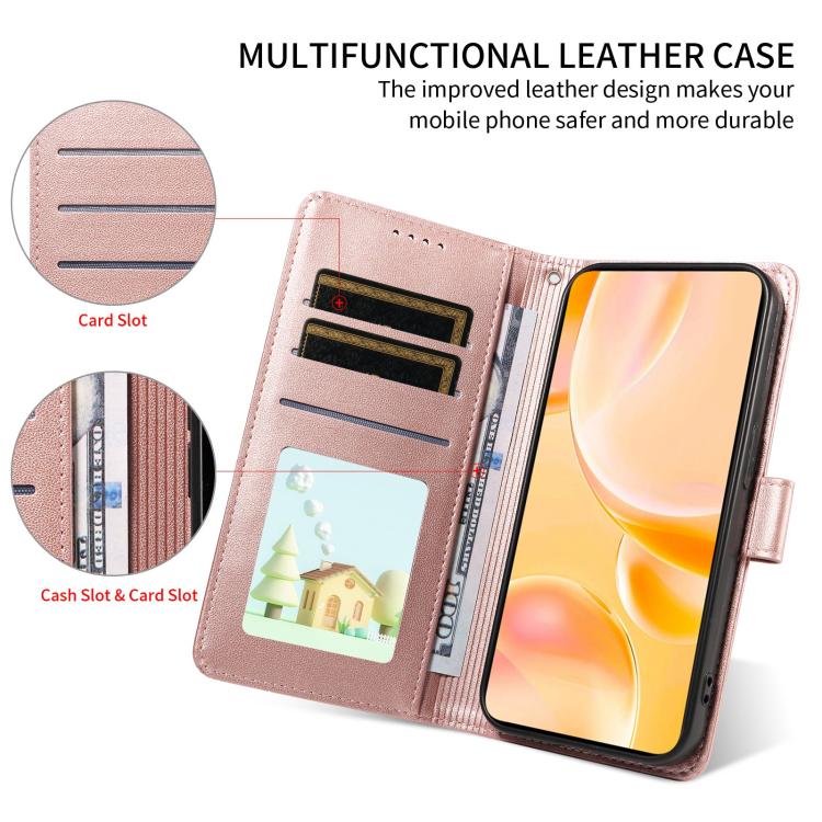 Funda de cuero tipo billetera con bloqueo RFID para Samsung Galaxy A54 5G, con diseño de corazón y perro en relieve (oro rosa)