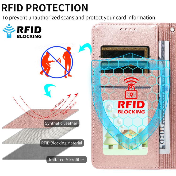 Funda de cuero tipo billetera con bloqueo RFID para Samsung Galaxy A54 5G, con diseño de corazón y perro en relieve (oro rosa)