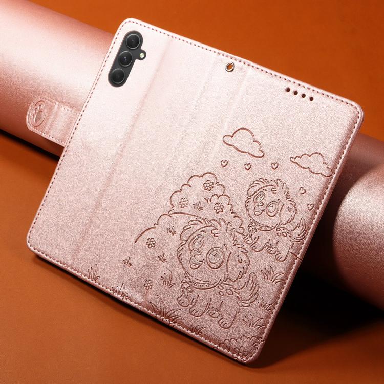 Funda de cuero tipo billetera con bloqueo RFID para Samsung Galaxy A54 5G, con diseño de corazón y perro en relieve (oro rosa)