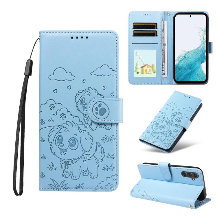 Funda de cuero con bloqueo RFID para Samsung Galaxy A54 5G, diseño de corazón con perro en relieve (azul cielo)