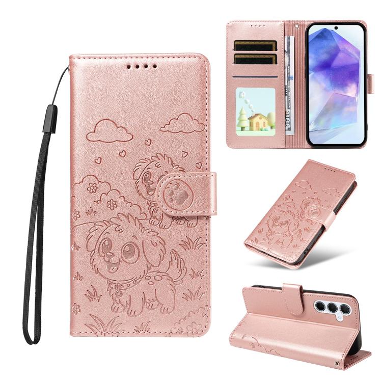 Funda de cuero tipo billetera con bloqueo RFID para Samsung Galaxy A55 5G, con diseño de corazón y perro en relieve (oro rosa)