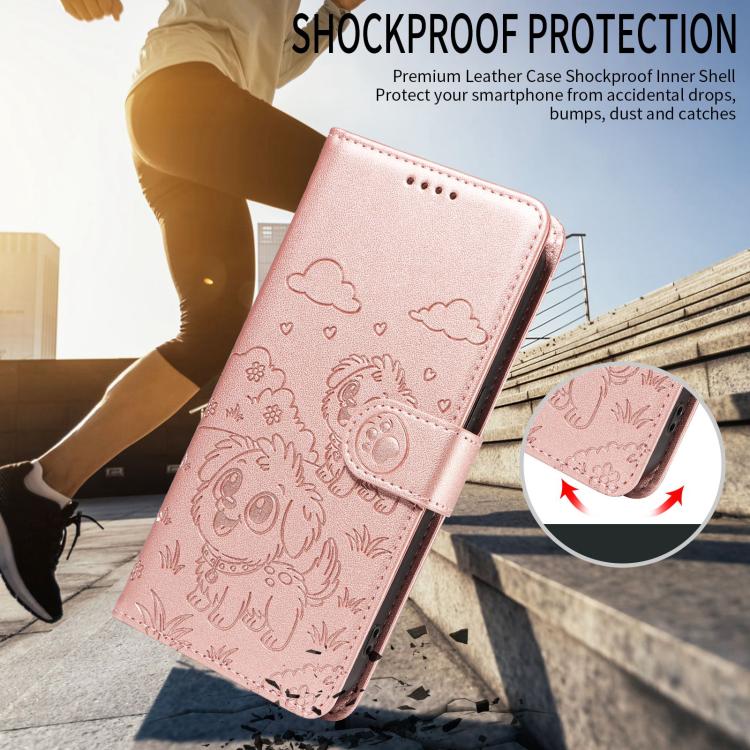 Funda de cuero tipo billetera con bloqueo RFID para Samsung Galaxy A55 5G, con diseño de corazón y perro en relieve (oro rosa)