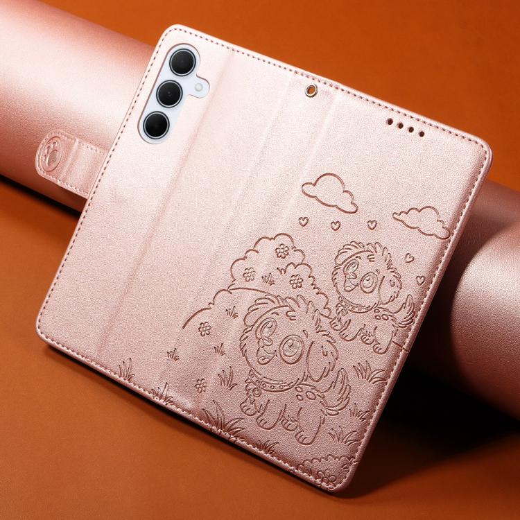 Funda de cuero tipo billetera con bloqueo RFID para Samsung Galaxy A55 5G, con diseño de corazón y perro en relieve (oro rosa)