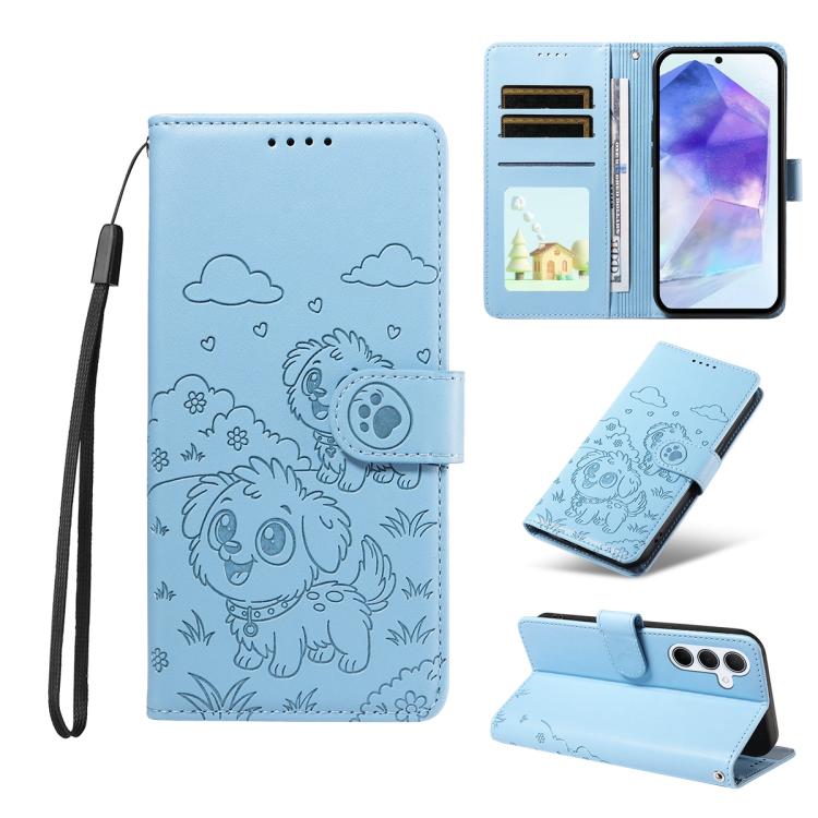 Funda de cuero tipo billetera con bloqueo RFID para Samsung Galaxy A55 5G, con diseño de corazón y perro en relieve (azul cielo)