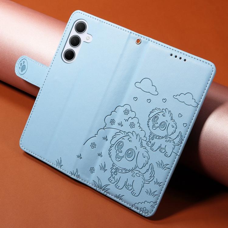 Funda de cuero tipo billetera con bloqueo RFID para Samsung Galaxy A55 5G, con diseño de corazón y perro en relieve (azul cielo)