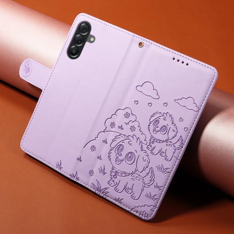 Funda de cuero tipo billetera con bloqueo RFID y diseño de corazón de perro en relieve para Samsung Galaxy A56 5G (morado)