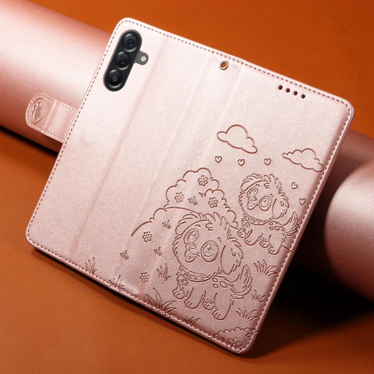 Funda de cuero tipo billetera con bloqueo RFID y diseño de corazón de perro en relieve para Samsung Galaxy A56 5G (oro rosa)