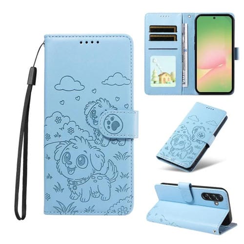 Funda de cuero con bloqueo RFID para Samsung Galaxy A56 5G, diseño de corazón con perro en relieve (azul cielo)