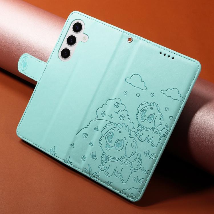 Funda de cuero con bloqueo RFID para Samsung Galaxy S24/S25 5G, con diseño de corazón en relieve y perro (verde)
