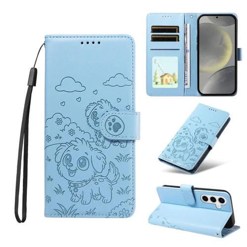 Funda de cuero con bloqueo RFID para Samsung Galaxy S24/S25 5G, con diseño de corazón en relieve y perro (azul cielo)