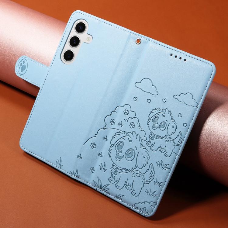 Funda de cuero con bloqueo RFID para Samsung Galaxy S24/S25 5G, con diseño de corazón en relieve y perro (azul cielo)
