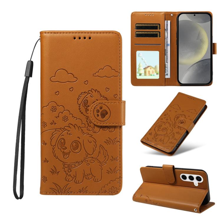 Funda de cuero con bloqueo RFID para Samsung Galaxy S24/S25 5G, con diseño de corazón en relieve y perro (marrón)