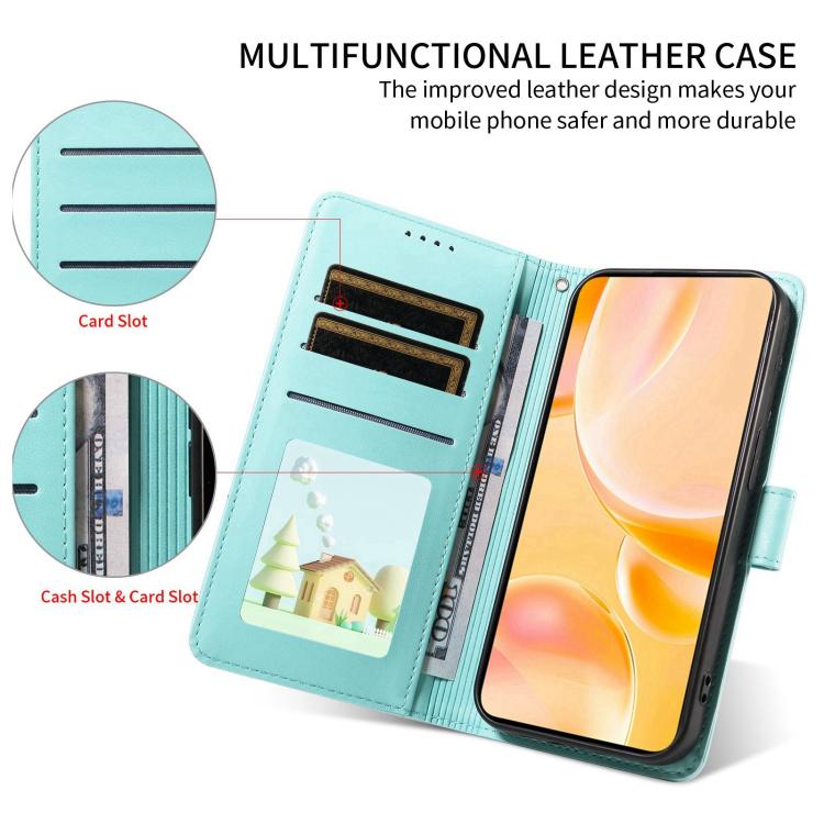 Funda de cuero tipo billetera con bloqueo RFID y diseño de corazón de perro en relieve para Samsung Galaxy S24+ / S25+ 5G (verde)