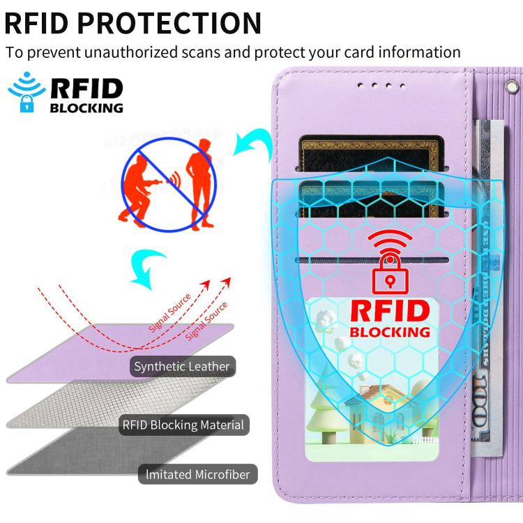 Funda de cuero tipo billetera con bloqueo RFID y diseño de corazón de perro en relieve para Samsung Galaxy S24+ / S25+ 5G (morado)