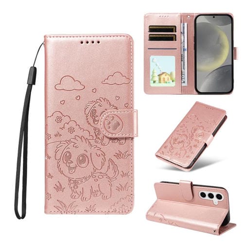 Funda de cuero tipo billetera con bloqueo RFID y diseño de corazón de perro en relieve para Samsung Galaxy S24+ / S25+ 5G (oro rosa)