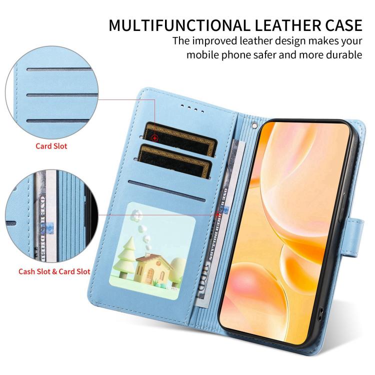Funda de cuero con bloqueo RFID para Samsung Galaxy S24+ / S25+ 5G, con diseño de corazón en relieve y perro (azul cielo)