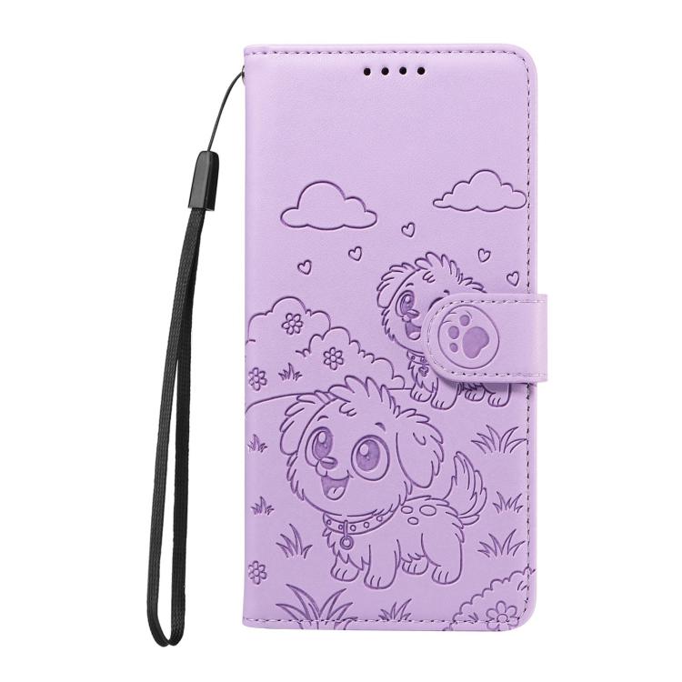 Funda de cuero tipo billetera con bloqueo RFID para Samsung Galaxy S25 Ultra 5G, con diseño de corazón y perro en relieve (morado)