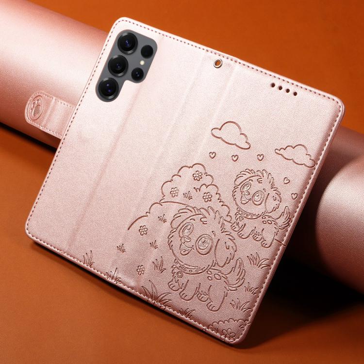 Funda de cuero tipo billetera con bloqueo RFID para Samsung Galaxy S25 Ultra 5G, con diseño de corazón y perro en relieve (oro rosa)